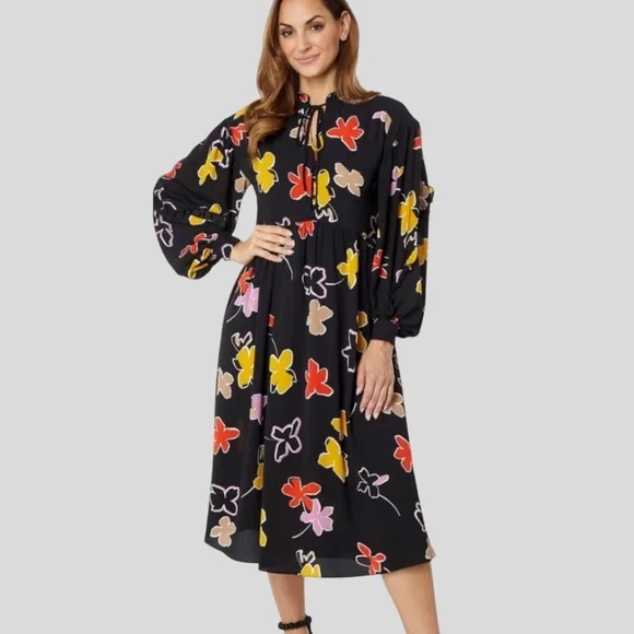 knee length dresses for ladies Floral Graphic Long Sleeve Satin Midi Dress | Ziara